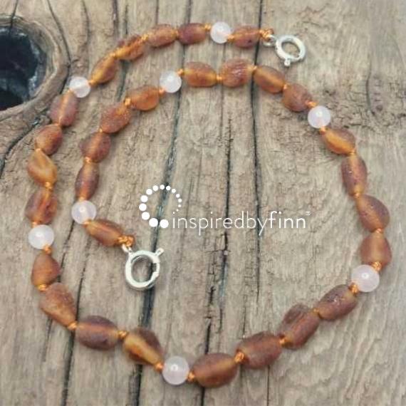 Inspired by Finn Baltic Amber Anklets 8 Unpolished Cider Rose Quartz