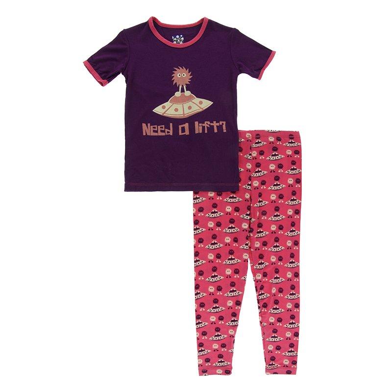 Kickee Pants Print Short Sleeve Pajama 2 Piece Set in Red Ginger Aliens with Flying Saucers 18-24 Months - New Baby New Paltz