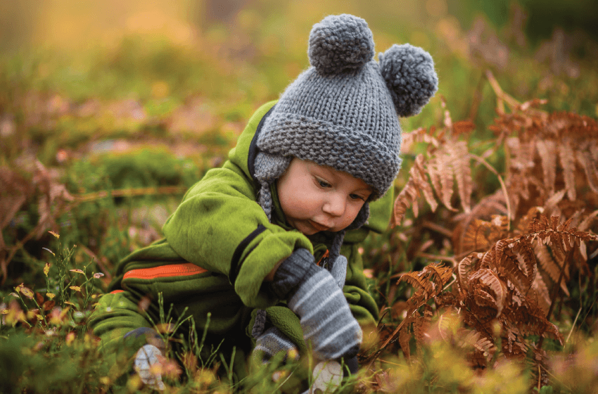 Toddler in wool hat and green coat sitting in a patch of ferns 