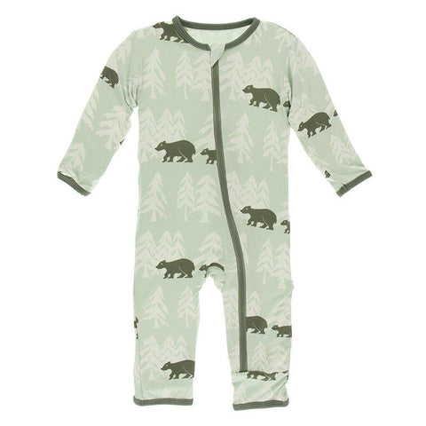 Kickee Pants Print Coverall with Zipper in Aloe Bears and Tree Line - New Baby New Paltz
