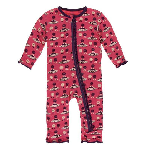 Kickee Pants Print Muffin Ruffle Coverall with Zipper in Red Ginger Aliens with Flying Saucers - New Baby New Paltz