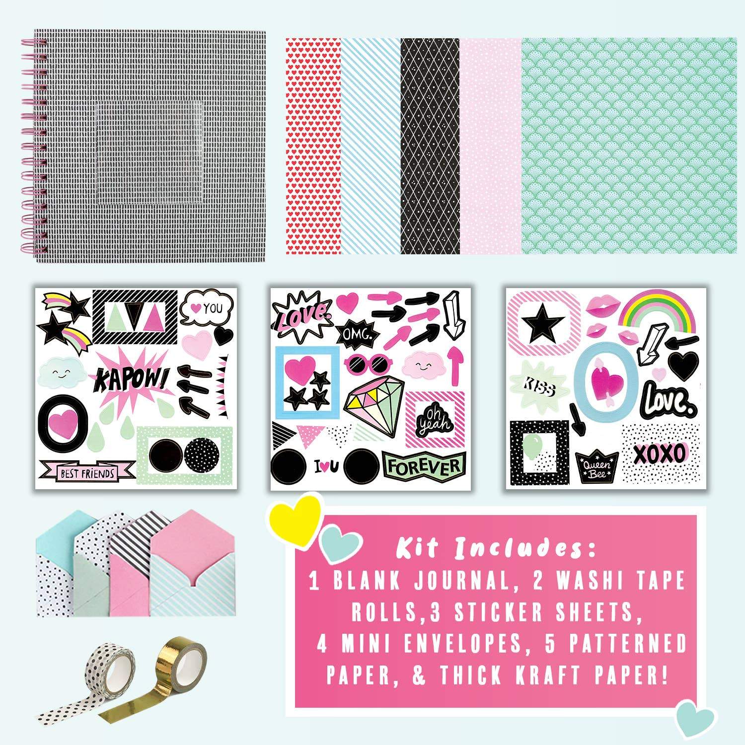 40 PAGES, ONE IMAGINATION, ENDLESS POSSIBILITY - Our Design Your Own Scrapbook Kit comes with everything you need to create a cute and modern keepsake; including a 1 hardcover blank journal, 2 trendy washi tape rolls, 3 sticker sheets, 4 mini envelopes and 5 patterned papers. Design, create & cherish a uniquely YOU scrapbook!